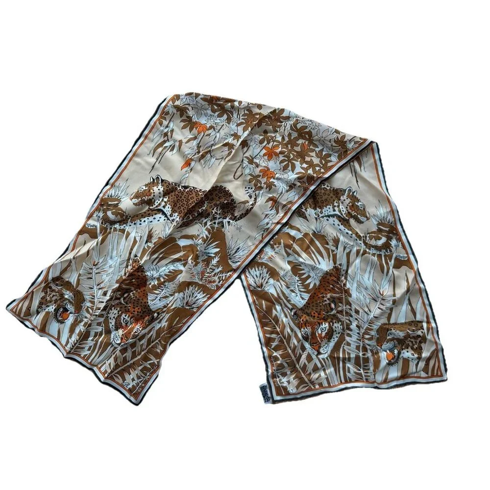 BURMEL Leopard Animal Print Silk Rayon‎ Blend Scarf Brown Orange 60s 70s Vintage